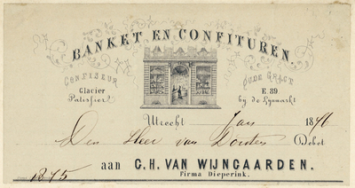 711590 Kop van een nota (afgeknipt) van G.H. van Wijngaarden, Firma Dieperink, Banket en Confituren, Confiseur, ...